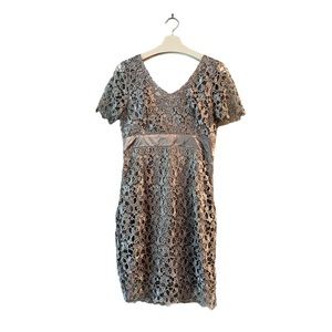 VENUS lace, satin, V-neck, cap sleeves, knee length formal silver dress. Size 8